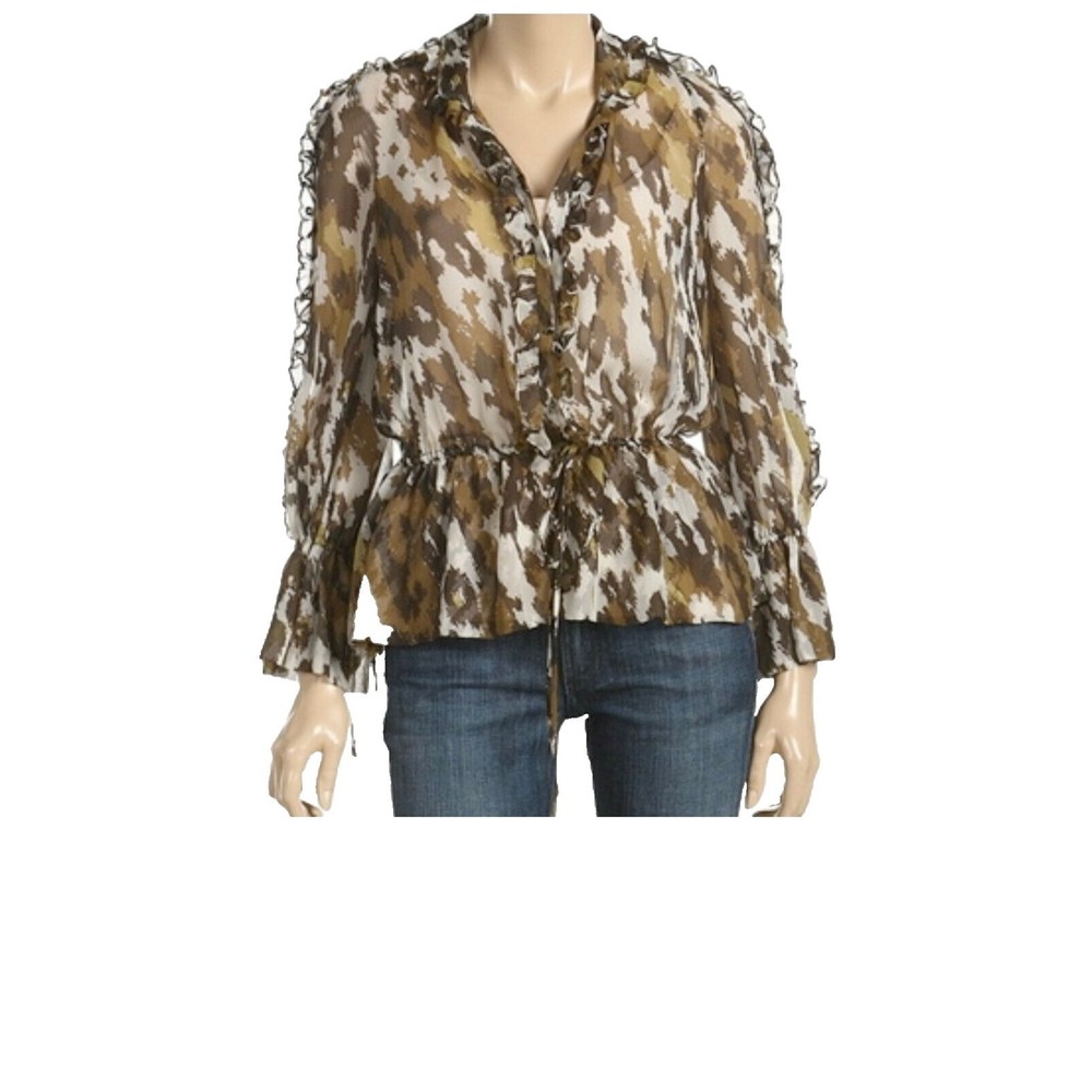 ROBERT RODRIGUEZ Womens Blouse SZ 8 Animal Print Silk Raffled Waist & Cuff Ties